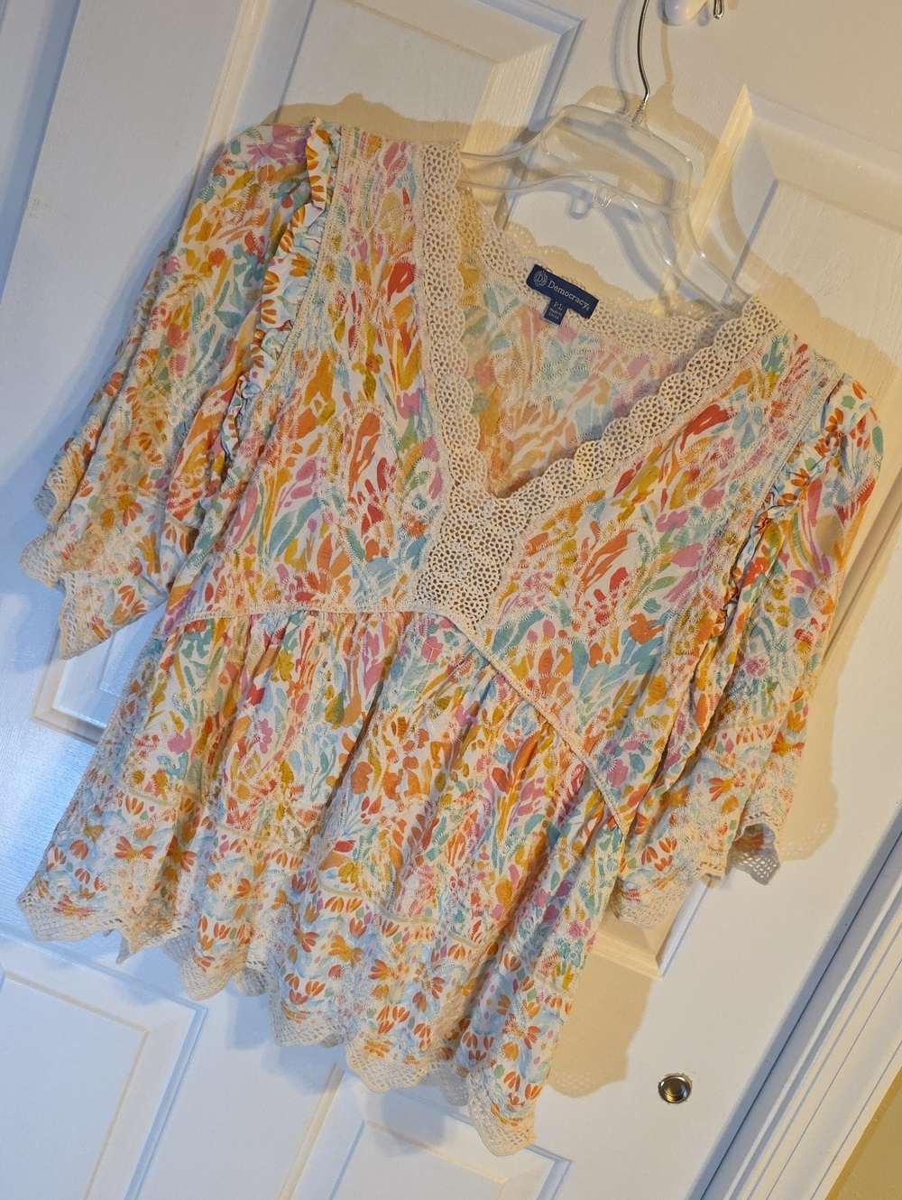 Democracy Multicolor Pastel Embroidery Floral Crochet-Trim Peasant Top
